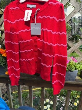Marled Red Cardigan with Pink Wave Stripes